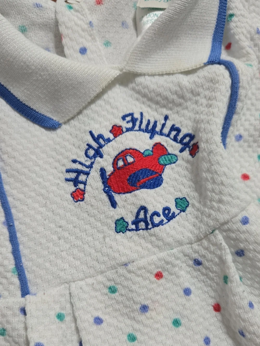 Vintage White Polka Dot Baby One-Piece with Blue Trim